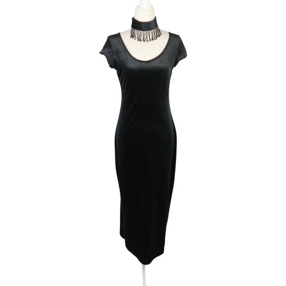 Vintage 90s Lagenes Black Velvet Midi Cocktail Dress Beaded Fringe Choker M - Picture 1 of 6